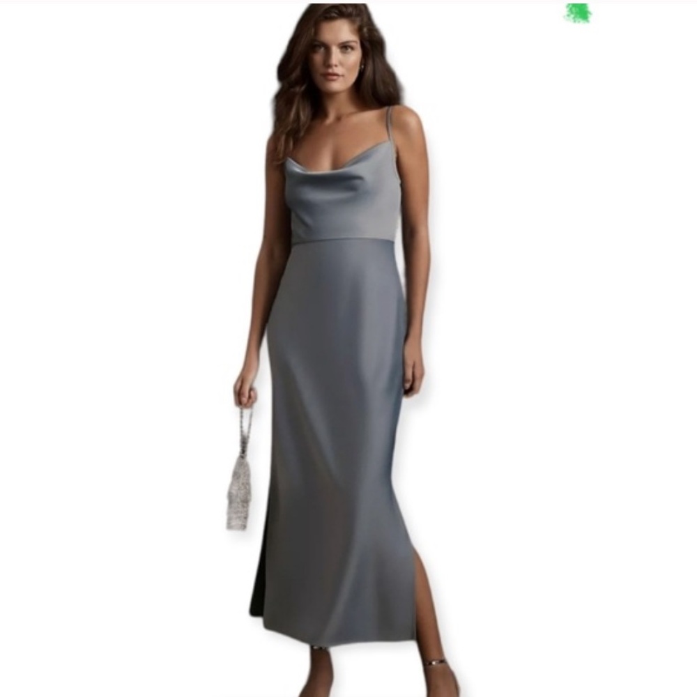 BHLDN Cali Satin Cowl-Neck Midi Slip Dress in Dusty Blue
Size: 2